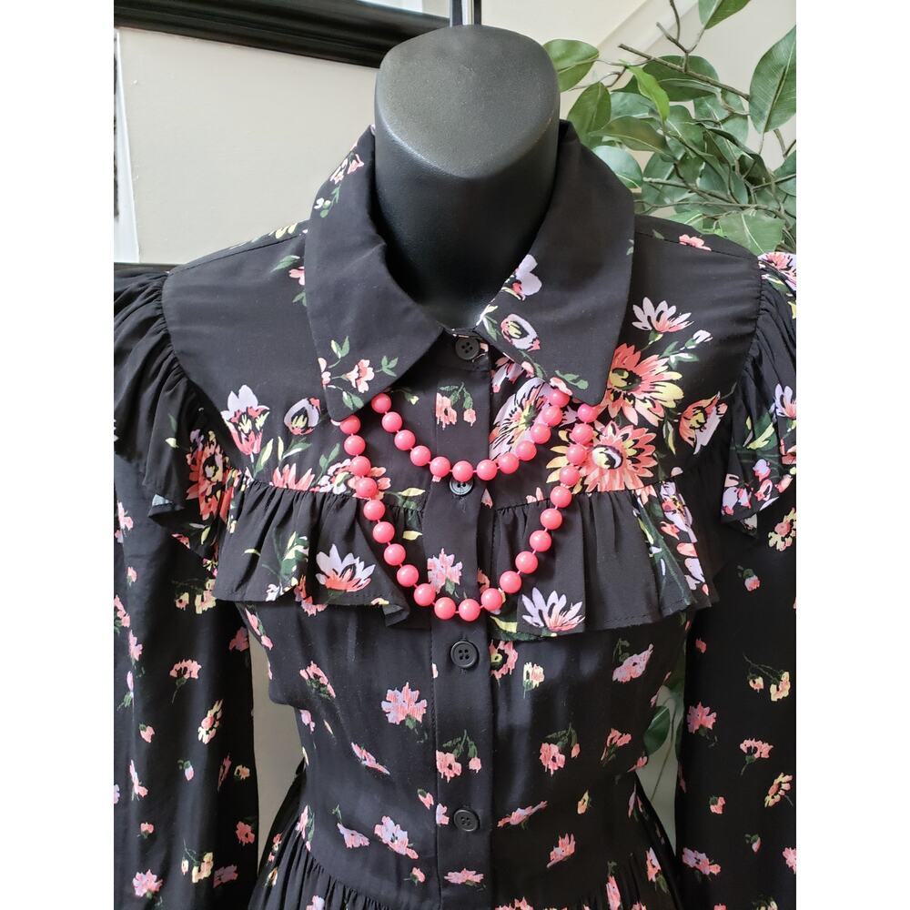 Jill Stuart Shirt Dress Women XS Black Floral Ruffle Pleated Collar Button Front - Picture 6 of 13